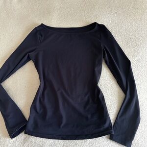 Navy blue Boat Neck Tops Long Sleeve Shirts Casual Fitted Tee Solid Color Basic